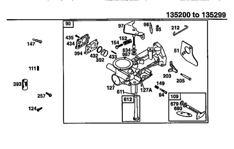 Carburetor Diagram and Parts List for 135200-135299 0001-0013 Briggs and Stratton Engine